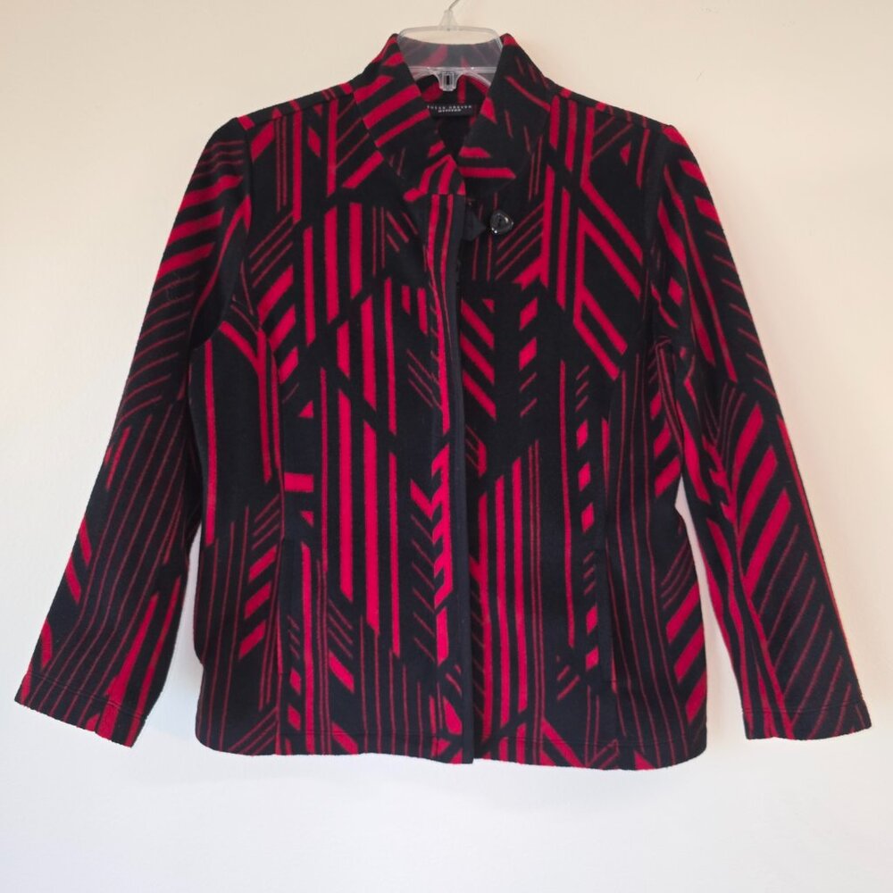 Red/Black Susan Graver Zip Front, Band Collar, Pockets, Soft Jacket LS Medium